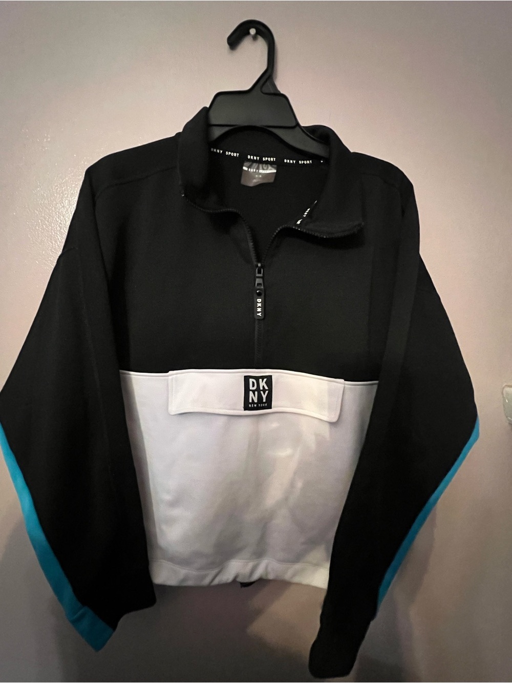 DKNY Black, White & Teal Quarter-Zip Pullover Jacket Like New Size M